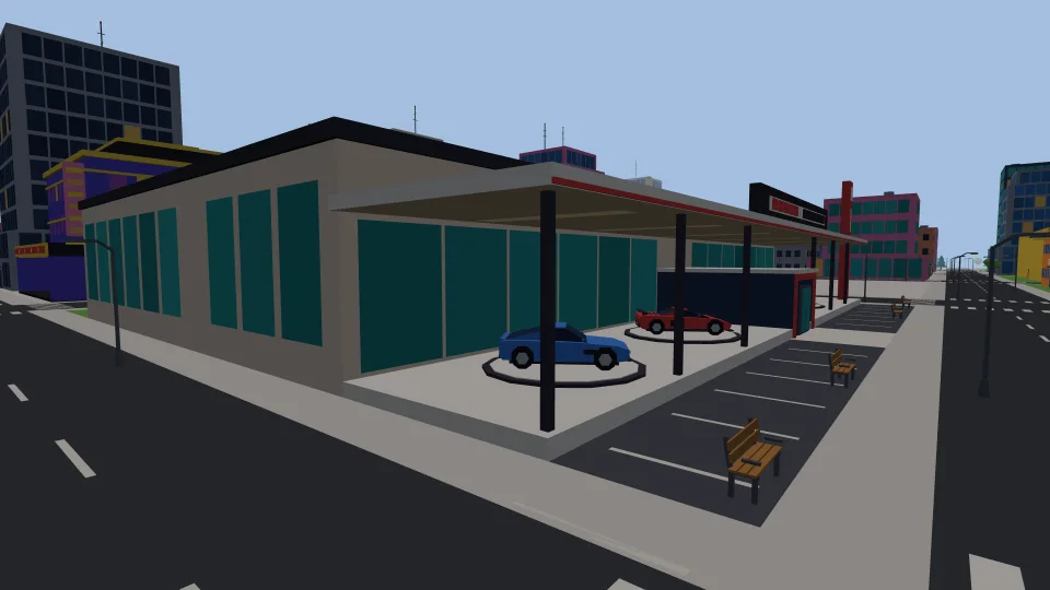 Cars on turntables in the Haven Motors showroom forecourt