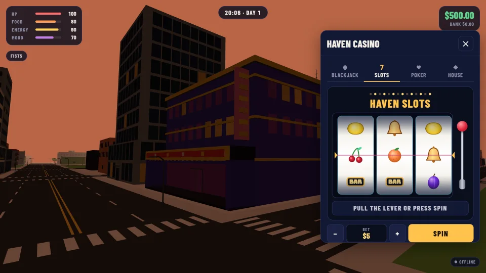 The Haven Casino slot machine: three reels, a lever and a gold Spin button