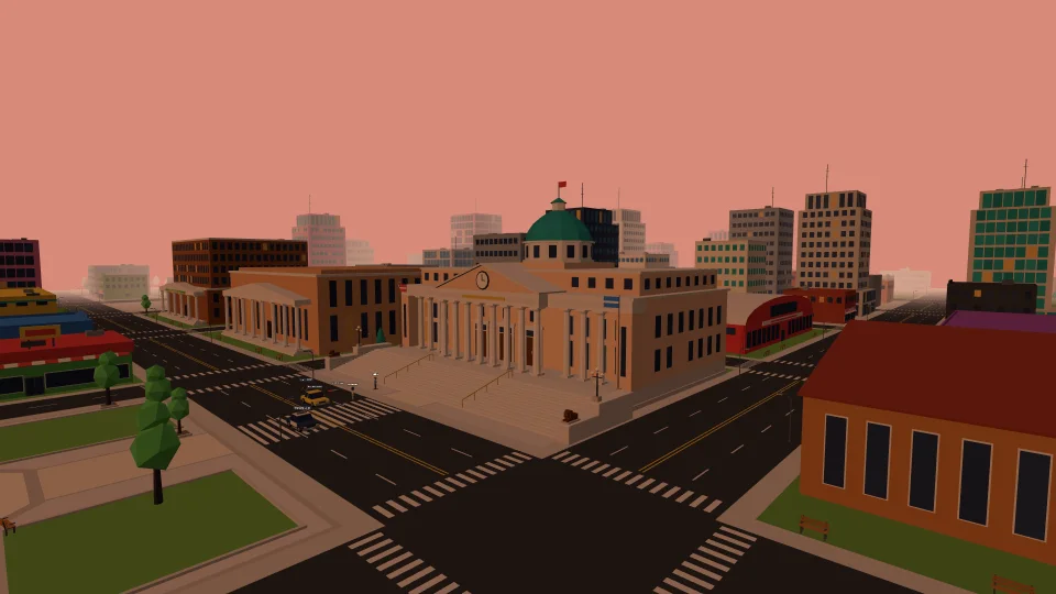 City Hall seen from above the avenue, with its wide front steps, the courthouse beside it and towers behind