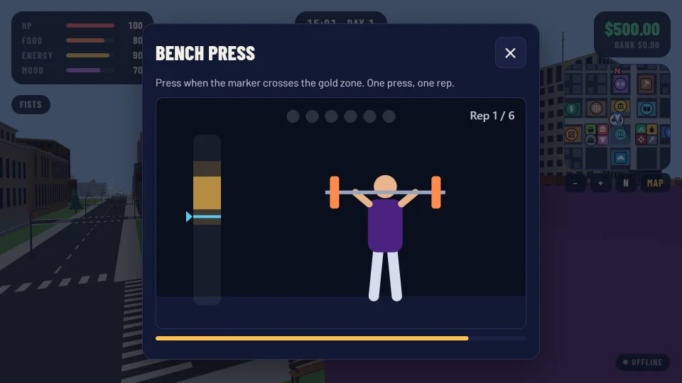 A bench press set at the Public Gym: press when the marker crosses the gold zone