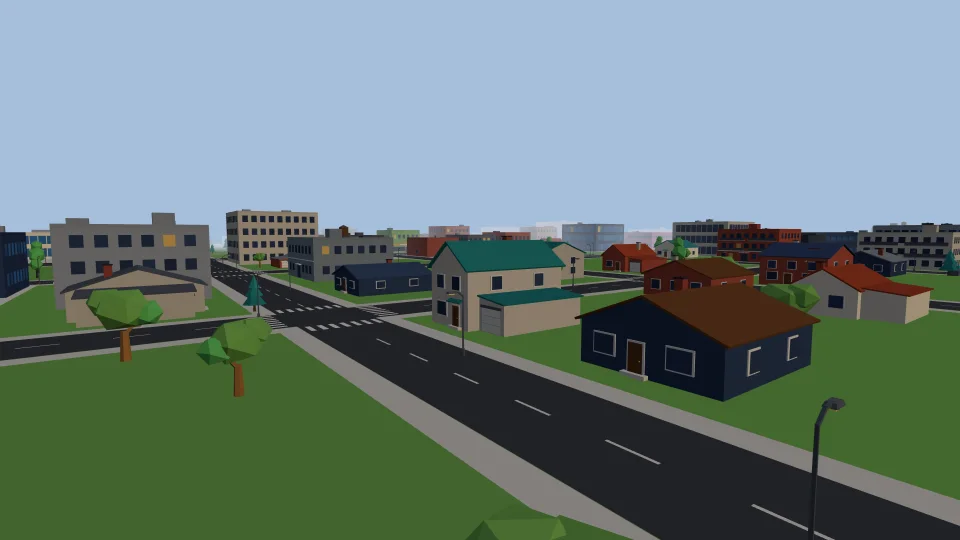 A residential street of low-poly houses with gardens and trees on a clear day