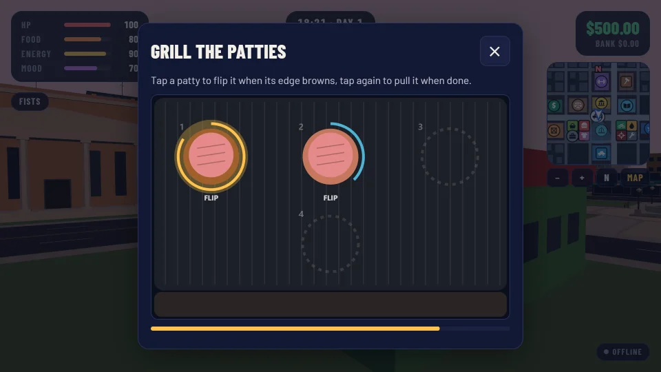 The grill minigame at Burger Barn: patties on a grill, one ready to flip