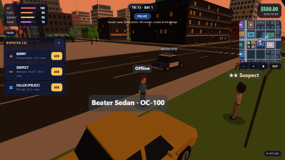 An officer on duty beside a police cruiser, with the dispatch list showing a person down and a wanted suspect