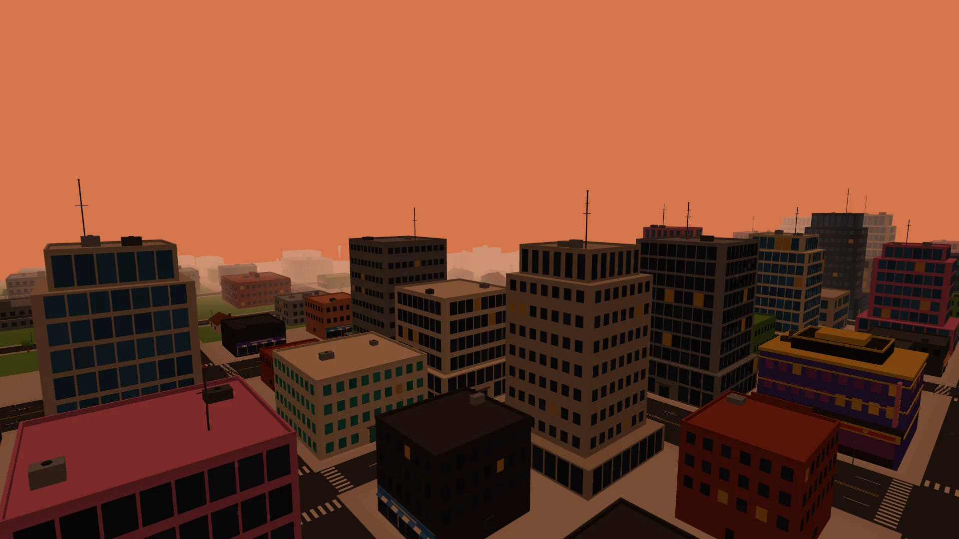The downtown towers of GrindHaven from above at dusk, streets running out to the edge of the city